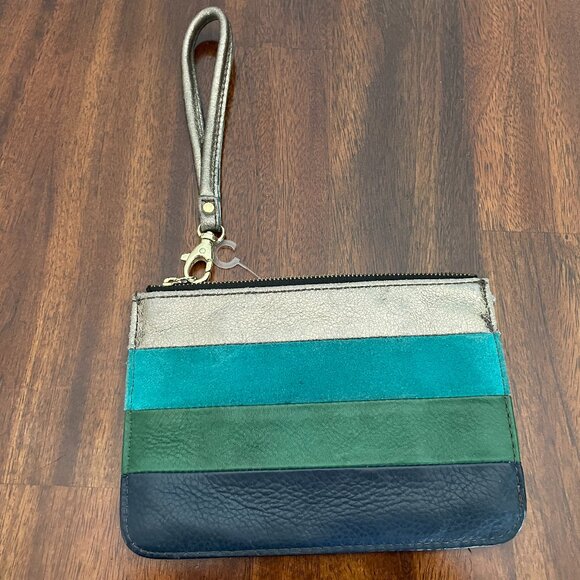 Fossil Green Patchwork Striped Leather Organizer Wallet Wristlet Strap 7" x 5"! - Picture 4 of 5